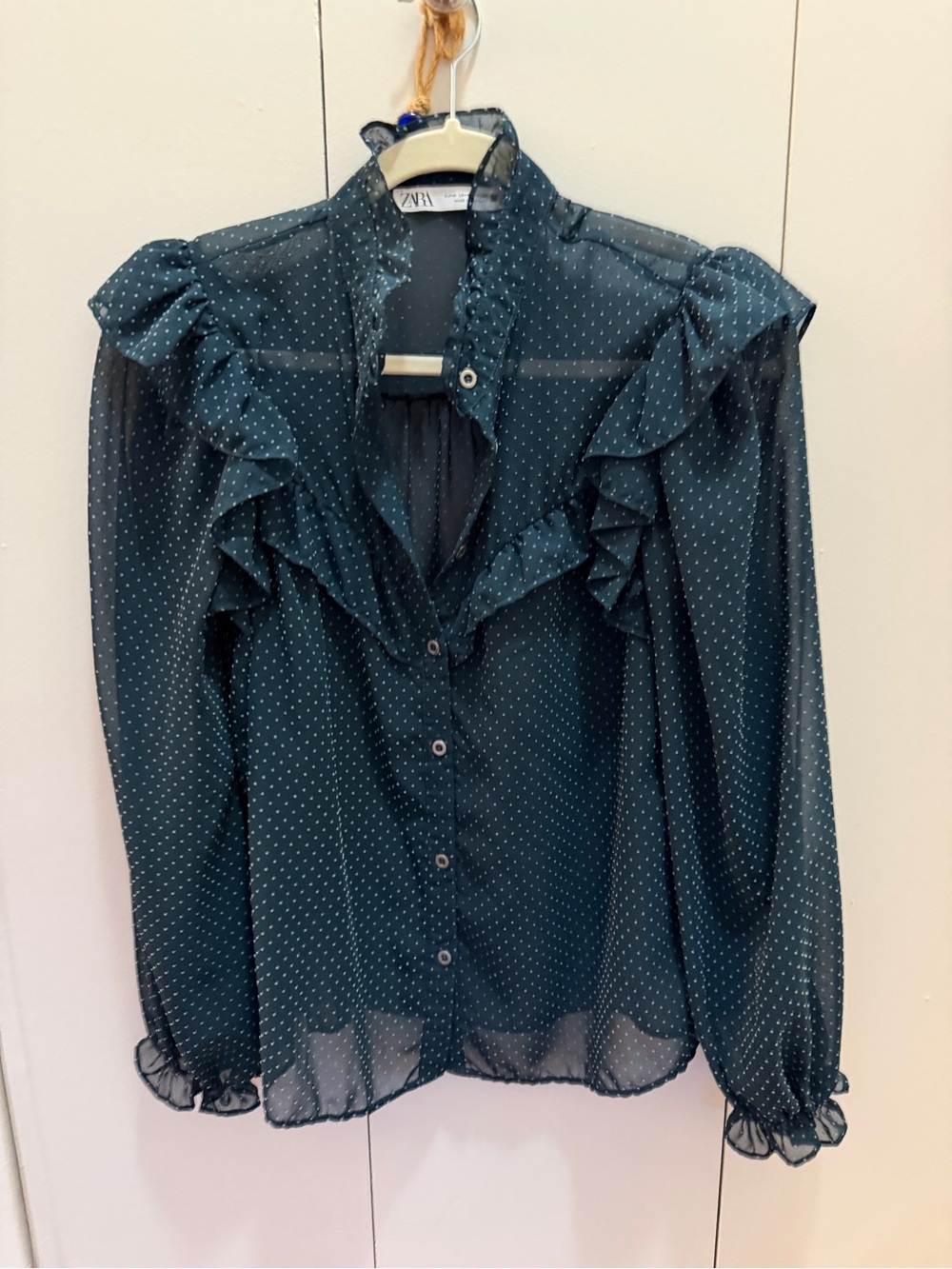 Zara Dark Teal Polka Dot Ruffle Blouse